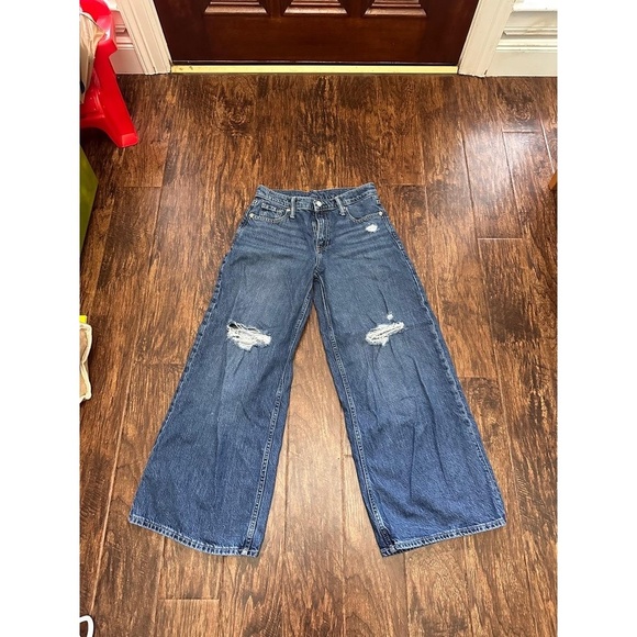 GAP Jeans Womens Size 25 Petite Dark Blue Denim Wide Leg Distressed Ripped - Picture 2 of 6